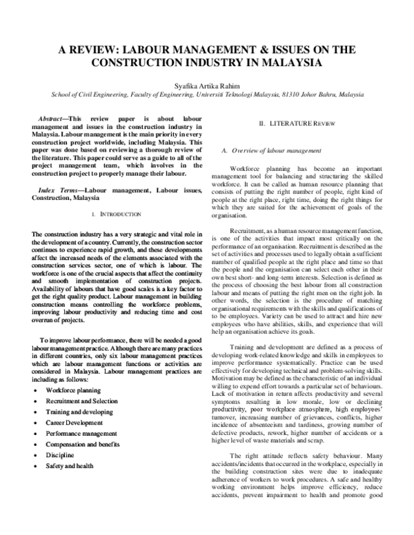 (PDF) A REVIEW: LABOUR MANAGEMENT & ISSUES ON THE CONSTRUCTION INDUSTRY ...