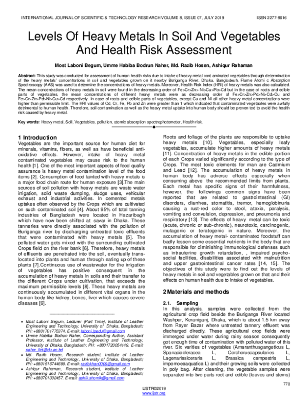 (PDF) Levels Of Heavy Metals In Soil And Vegetables And Health Risk ...
