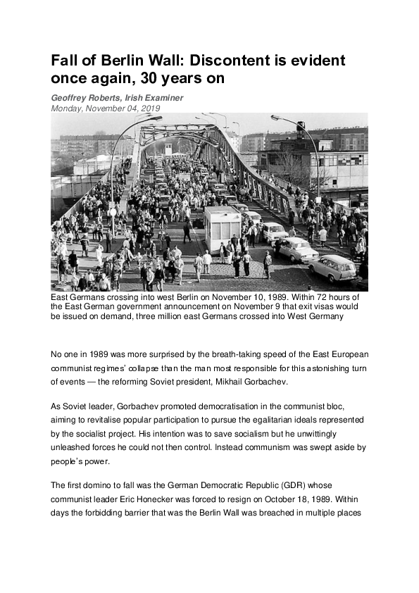 (PDF) Fall of Berlin Wall: Discontent is evident once again, 30 years on