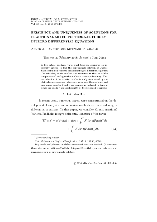 (PDF) EXISTENCE AND UNIQUENESS OF SOLUTIONS FOR FRACTIONAL MIXED ...
