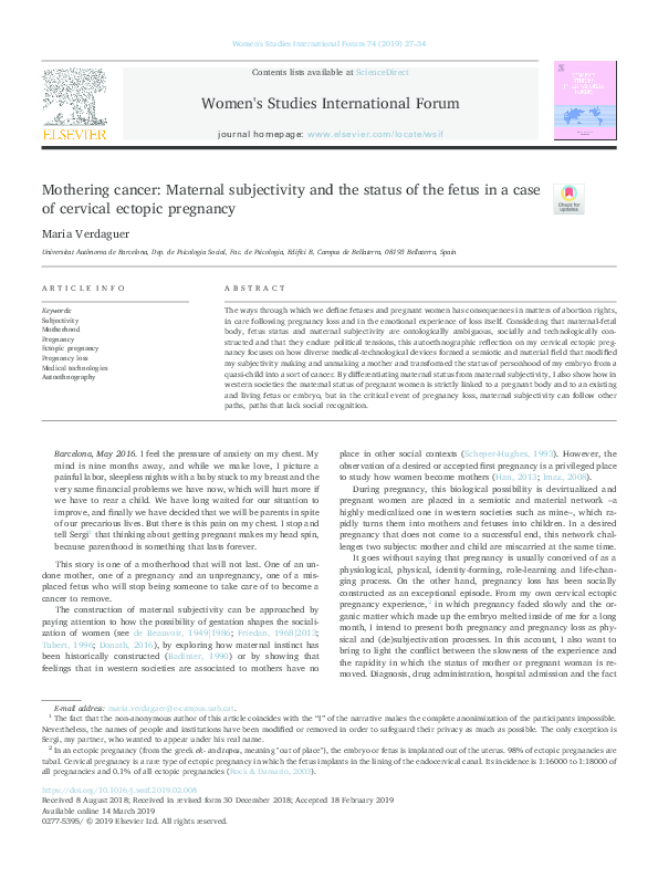 Mothering cancer: Maternal subjectivity and the status of the fetus in a case of cervical ectopic pregnancy