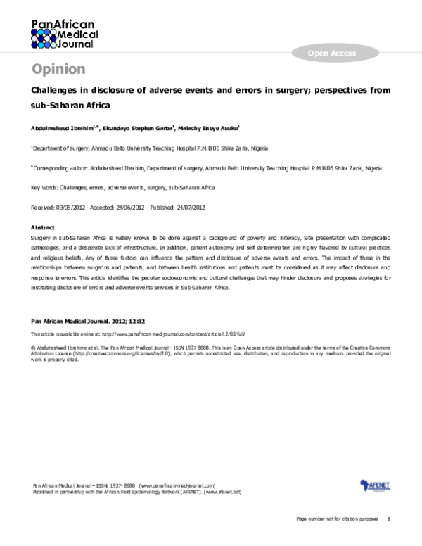 (PDF) Challenges in disclosure of adverse events and errors in surgery ...