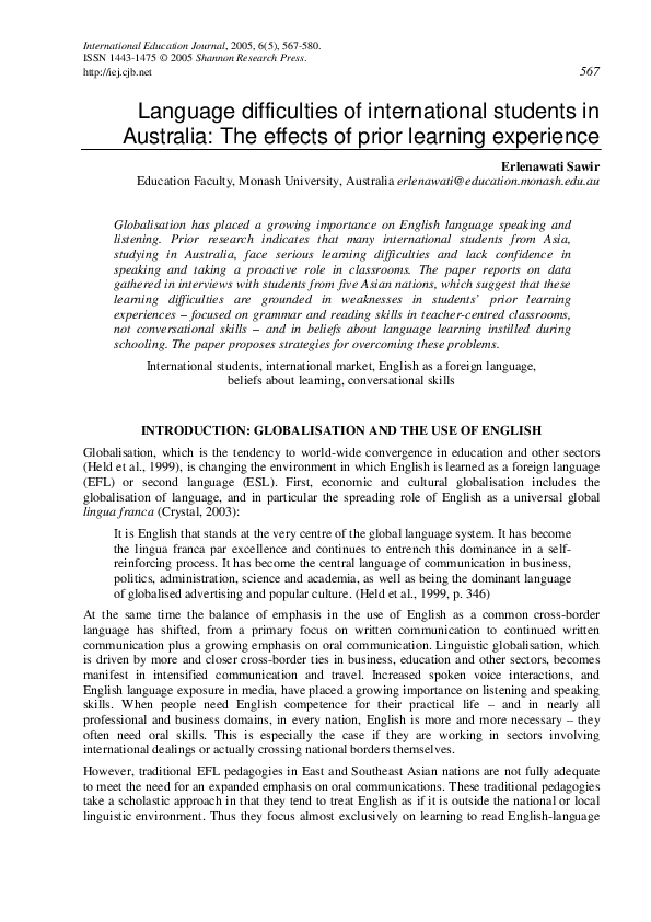 (PDF) Language difficulties of international students in Australia: The ...