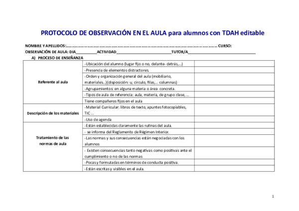 (DOC) PROTOCOLO DE OBSERVACIÓN EN EL AULA para alumnos con TDAH