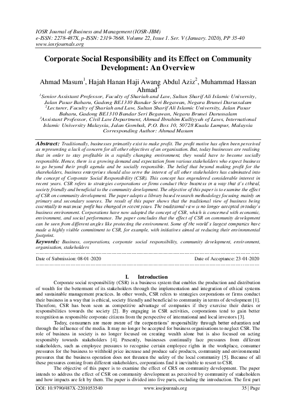 (PDF) Corporate Social Responsibility and its Effect on Community ...
