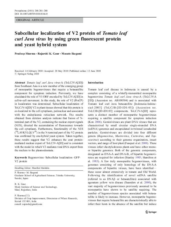  pdf subcellular localization of v2 protein of tomato leaf curl java