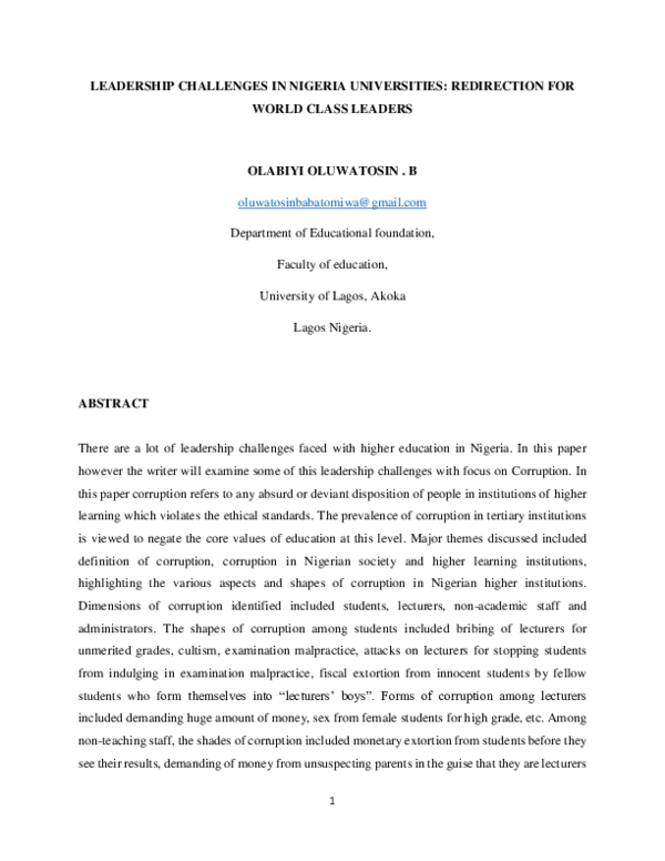 (PDF) LEADERSHIP CHALLENGES IN NIGERIA UNIVERSITIES: REDIRECTION FOR ...