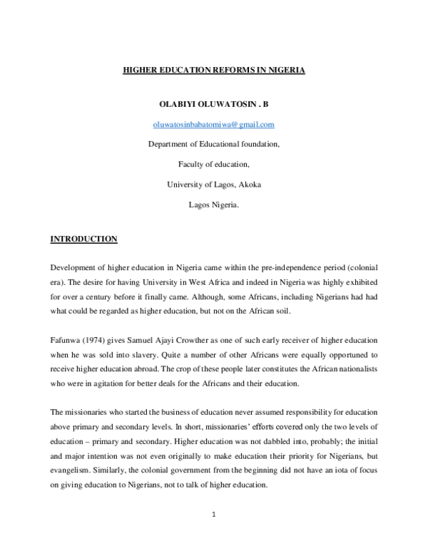 (PDF) HIGHER EDUCATION REFORMS IN NIGERIA