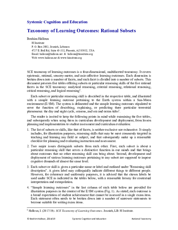 (PDF) SCE Taxonomy of Learning Outcomes: Rational Subsets