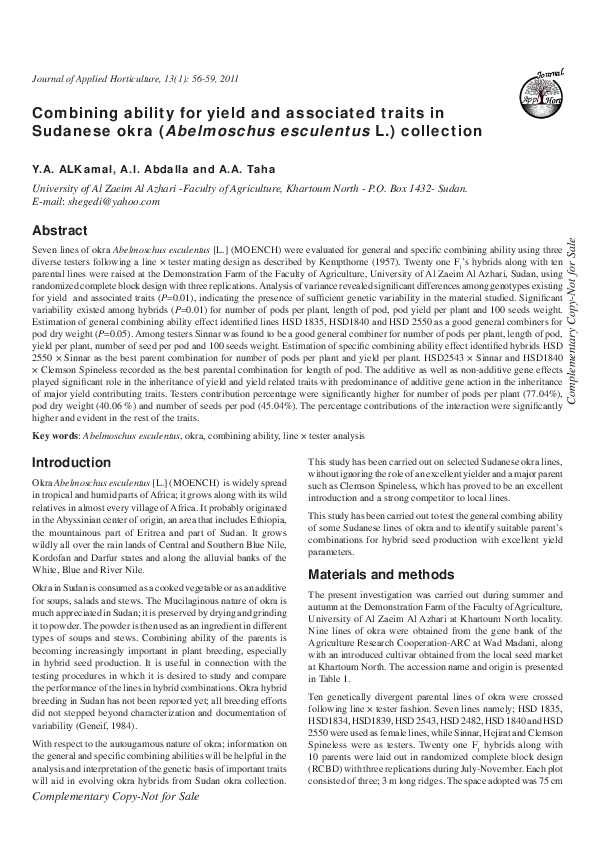 (PDF) Combining ability for yield and associated traits in Sudanese ...