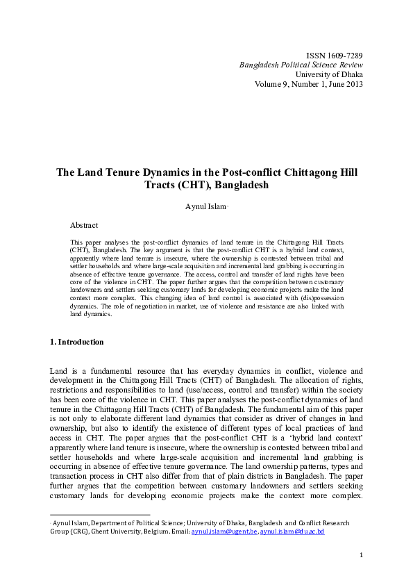 (PDF) The Land Tenure Dynamics in the Postconflict Chittagong Hill