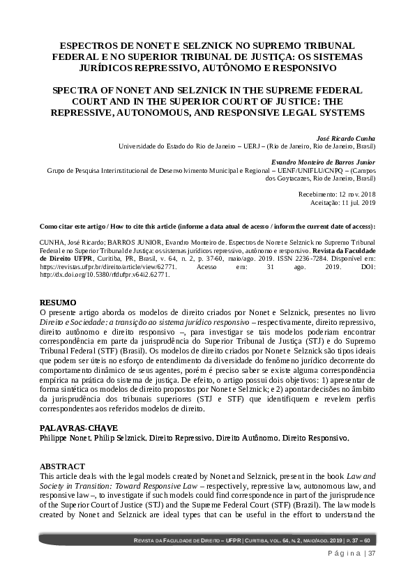(PDF) Espectros de e Selznick no STF e STJ sistemas jurídicos