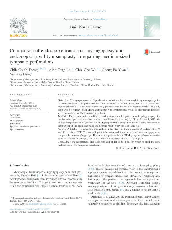(PDF) Comparison of endoscopic transcanal myringoplasty and endoscopic ...