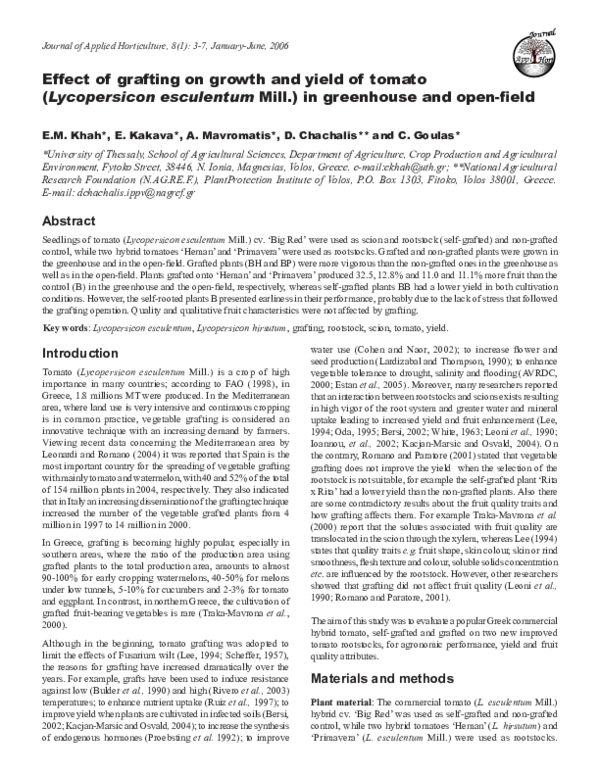 (PDF) Effect of grafting on growth and yield of tomato