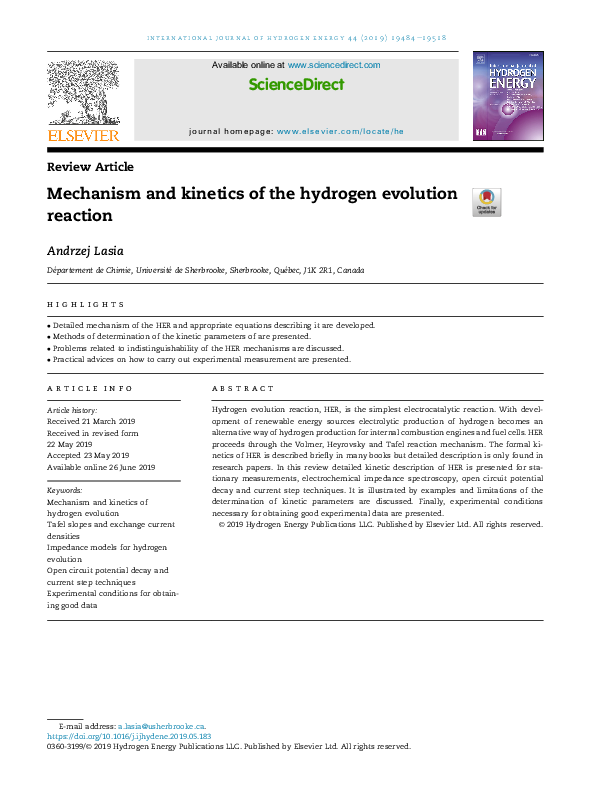 (PDF) Mechanism and kinetics of the hydrogen evolution reaction