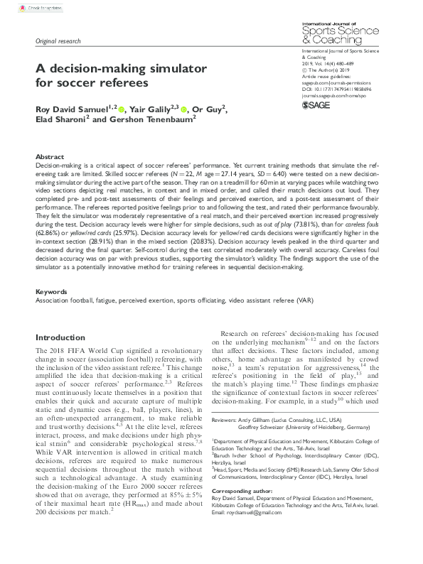Pdf A Decision Making Simulator For Soccer Referees Yair Galily Academia Edu