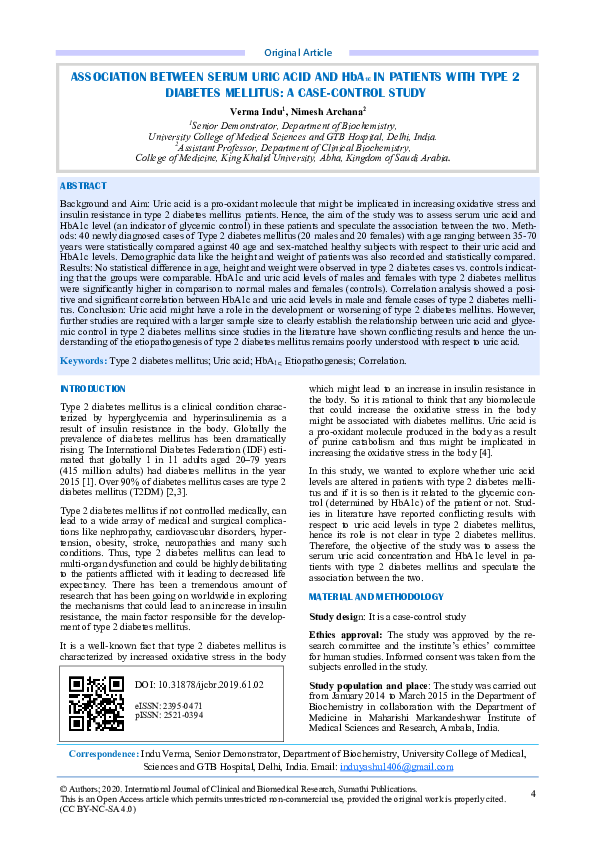 (PDF) Association between serum uric acid and HbA1c in patients with ...