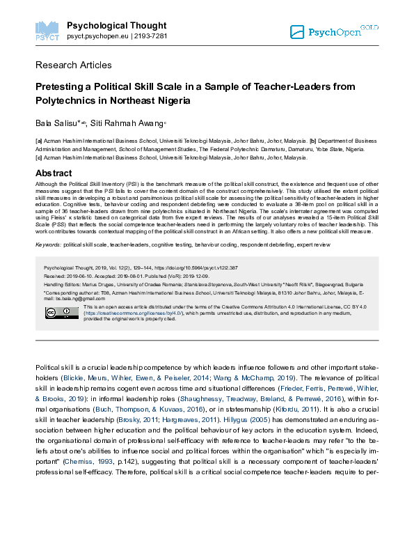 (PDF) Pretesting a Political Skill Scale in a Sample of Teacher-Leaders ...