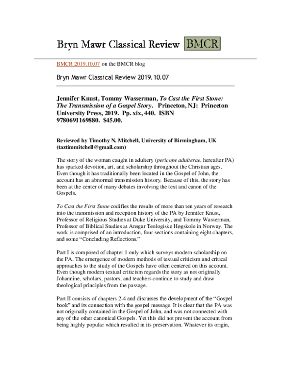 (PDF) Jennifer Knust, Tommy Wasserman, To Cast the First Stone The