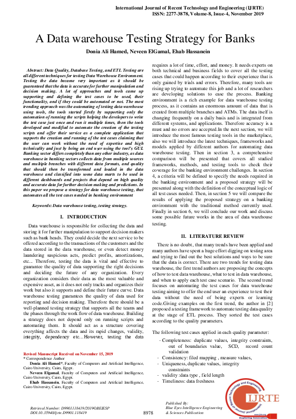 (PDF) A Data warehouse Testing Strategy for Banks