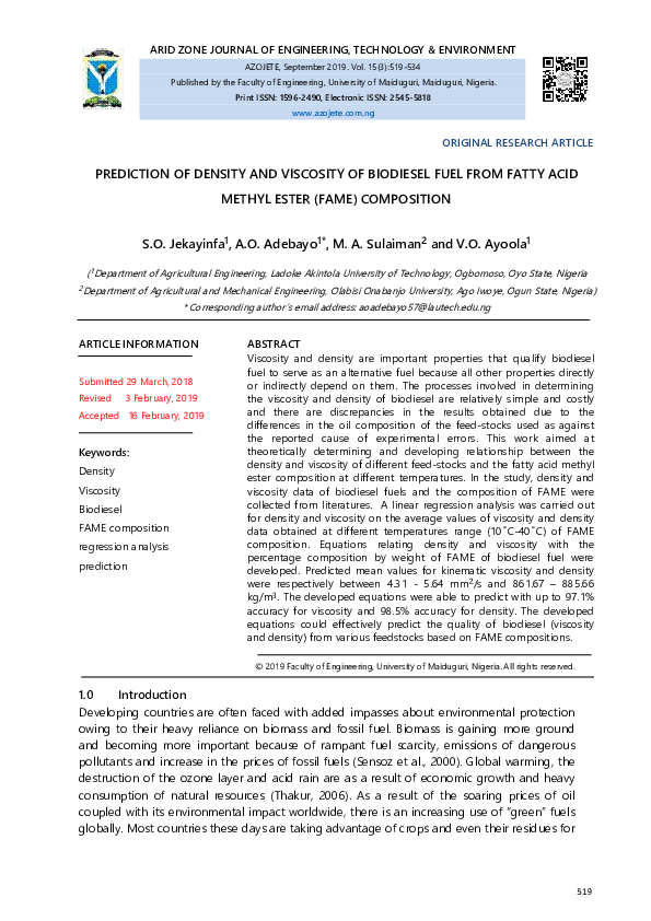 (PDF) PREDICTION OF DENSITY AND VISCOSITY OF BIODIESEL FUEL FROM FATTY