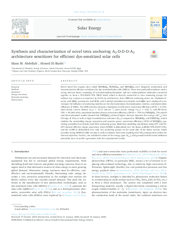 (PDF) Synthesis and characterization of novel tetra anchoring A 2 -D-D ...