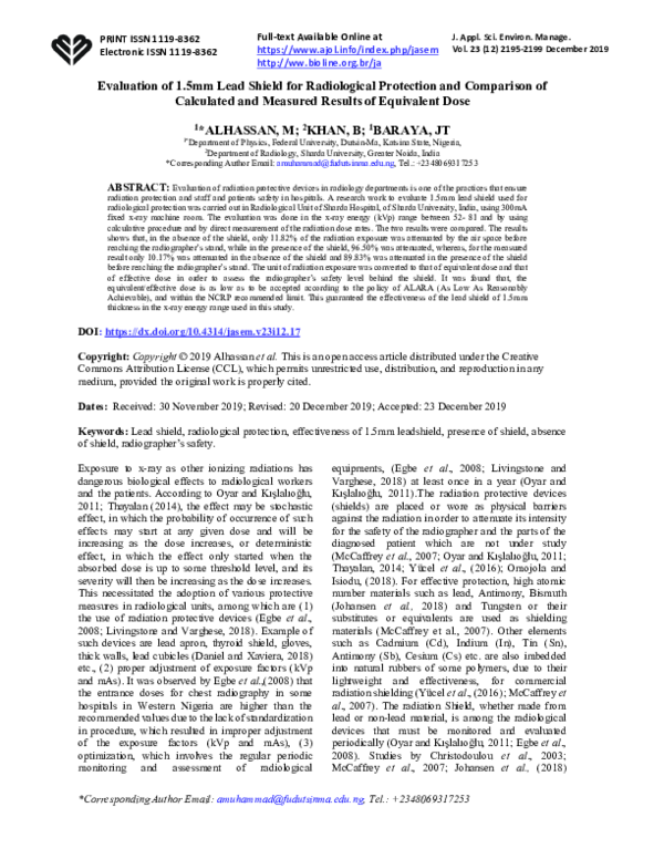 (PDF) Evaluation of 1.5mm Lead Shield for Radiological Protection and ...