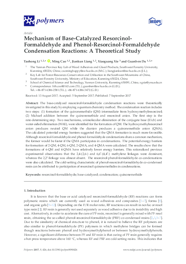 (PDF) Mechanism of BaseCatalyzed Resorcinol Formaldehyde and Phenol