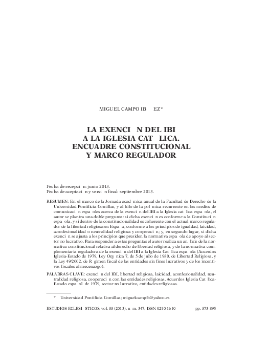 (PDF) La exención del IBI a la Iglesia Católica. Encuadre ...