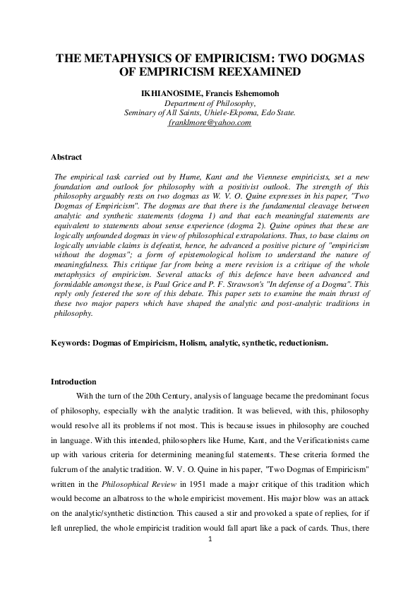 Pdf The Metaphysics Of Empiricism Two Dogmas Of Empiricism Reexamined