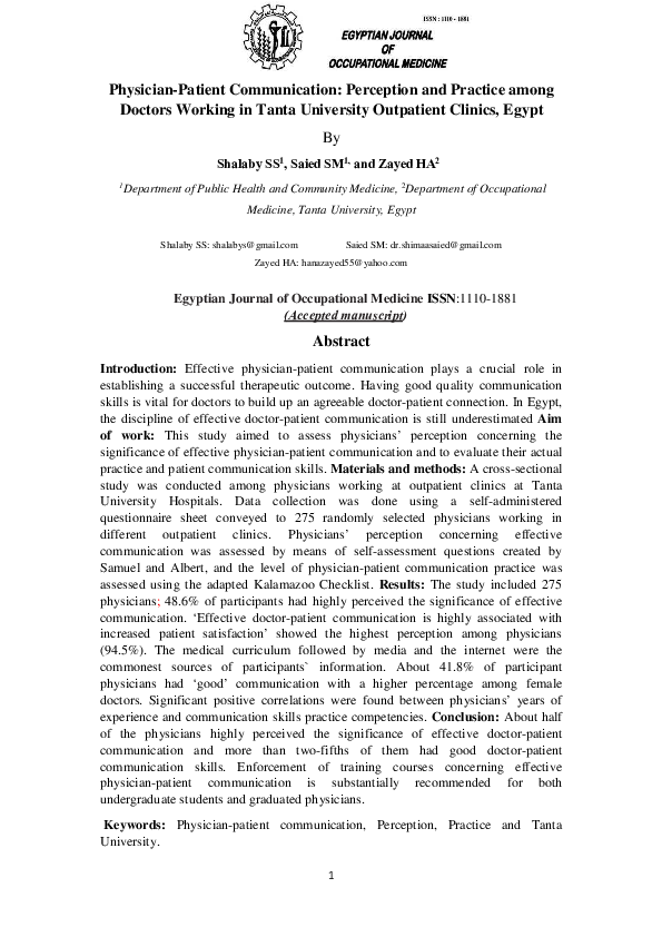 (PDF) Physician-Patient Communication: Perception and Practice among ...