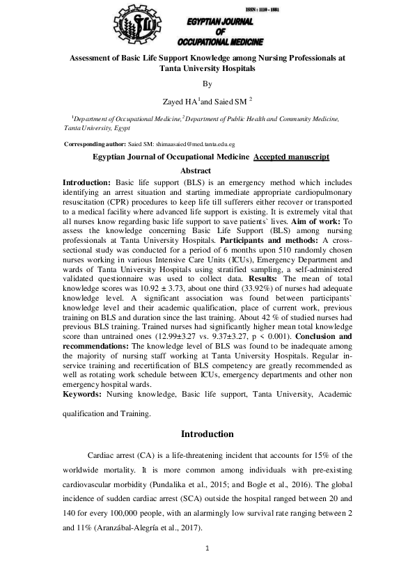 (PDF) Assessment of Basic Life Support Knowledge among Nursing