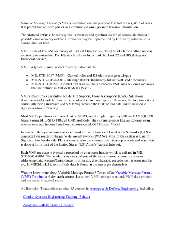 (DOC) Variable Message Format (VMF) Training Bootcamp Course Mike