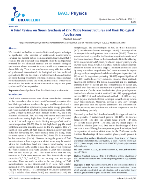 (PDF) A Brief Review on Green Synthesis of Zinc Oxide Nanostructures ...