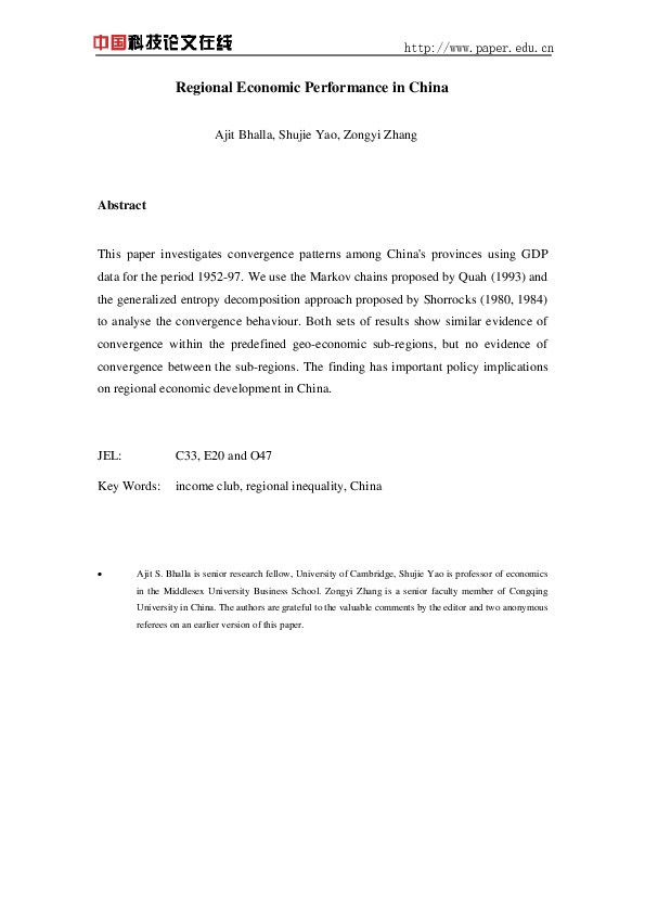(PDF) Regional Economic Performance in China