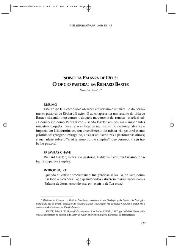 (PDF) SERVO DA PALAVRA DE DEUS O OFÍCIO PASTORAL EM RICHARD BAXTER