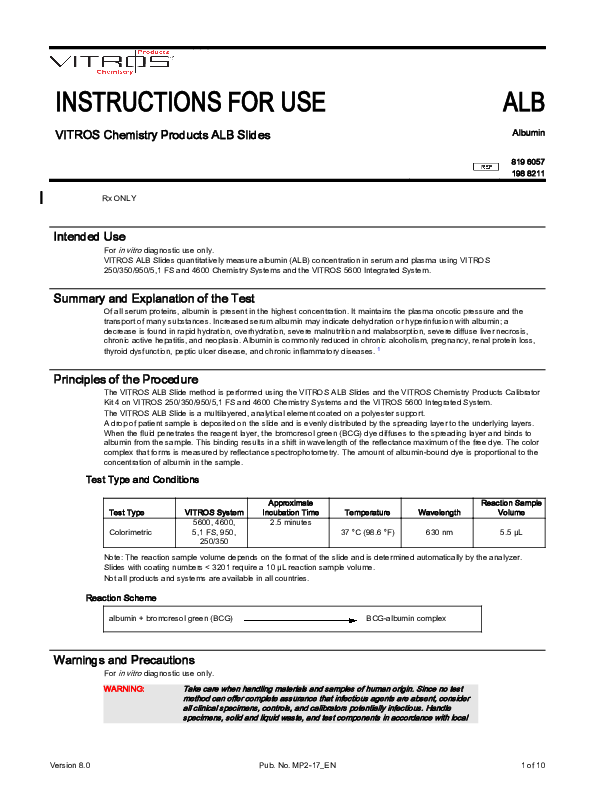 (PDF) INSTRUCTIONS FOR USE ALB VITROS Chemistry Products ALB Slides