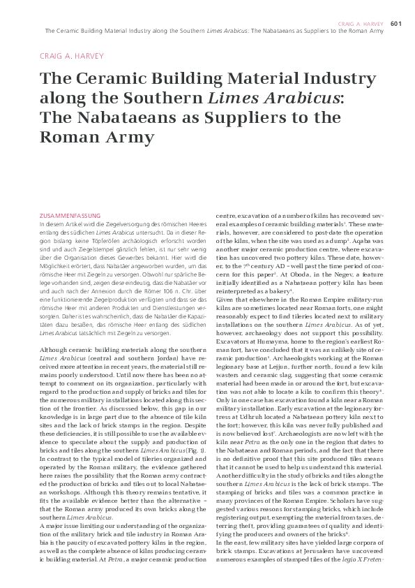 The Ceramic Building Material Industry along the Southern Limes Arabicus: The Nabataeans as Suppliers to the Roman Army