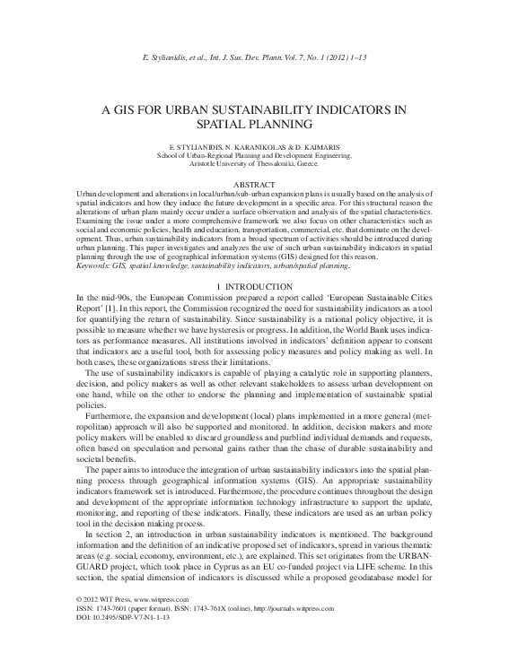 (PDF) A GIS FOR URBAN SUSTAINABILITY INDICATORS IN