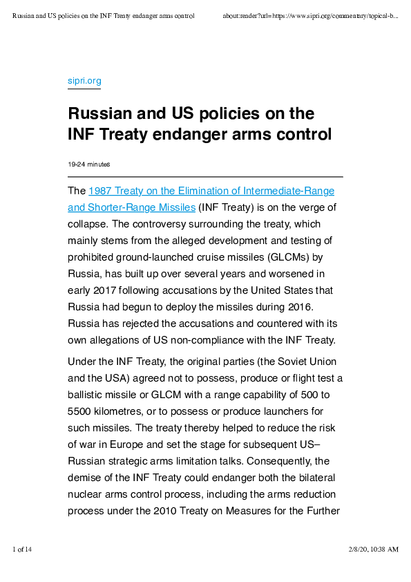 (PDF) Russian and US policies on the INF Treaty endanger arms control