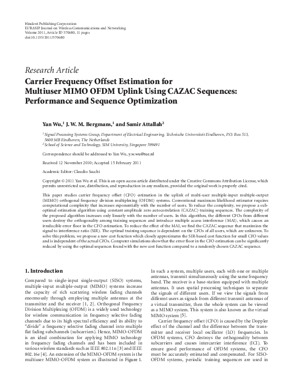 (PDF) Carrier Frequency Offset Estimation for Multiuser MIMO OFDM ...