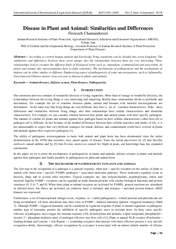 (PDF) Disease in Plant and Animal Similarities and Differences Agriculture Journal IJOEAR