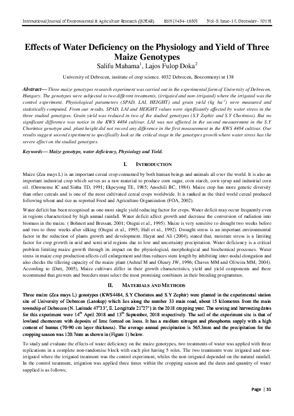 (PDF) Effects of Water Deficiency on the Physiology and Yield of Three ...