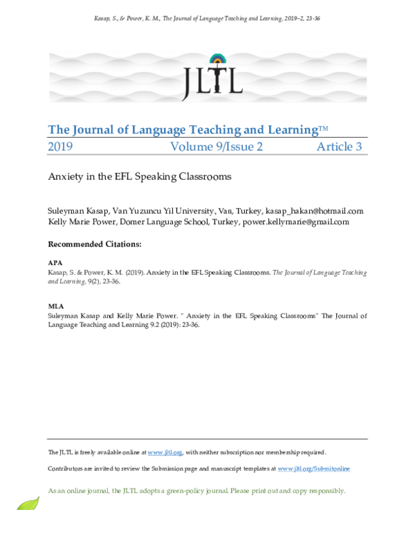 (PDF) ANXIETY IN THE EFL SPEAKING CLASSROOMS