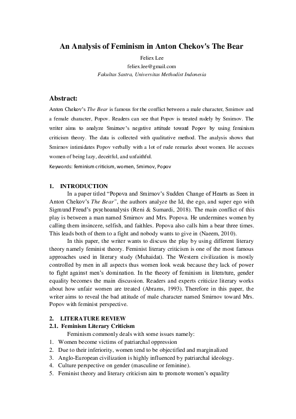 Doc A Feminist Analysis In Anton Chekoev S The Bear Feliex Lie Academia Edu