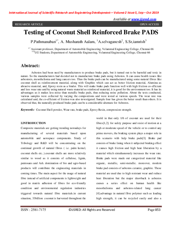 (PDF) Testing of Coconut Shell Reinforced Brake PADS
