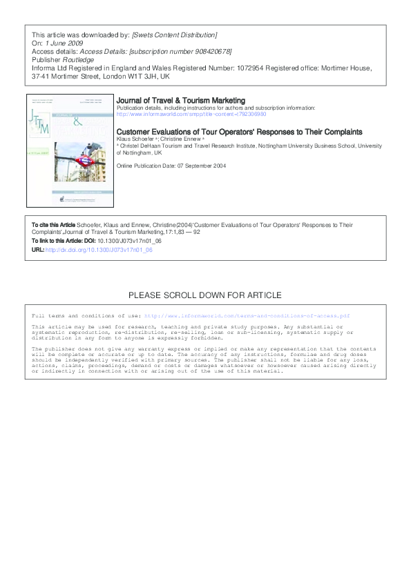 (PDF) Customer evaluations of tour operators' responses to their complaints