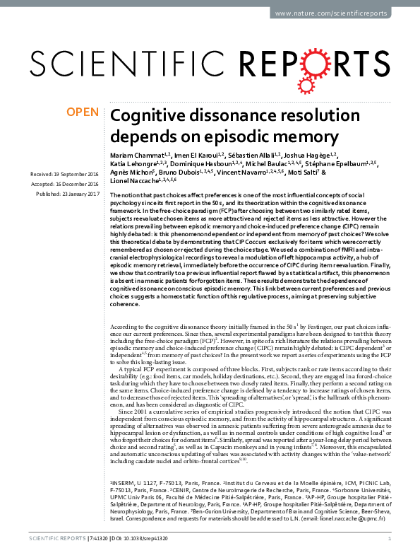 (PDF) Cognitive dissonance resolution depends on episodic memory