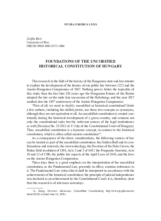 (PDF) FOUNDATIONS OF THE UNCODIFIED HISTORICAL CONSTITUTION OF HUNGARY