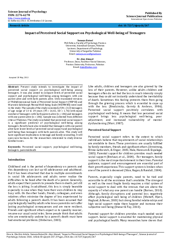 (PDF) Impact of Perceived Social Support on Psychological Well-being of ...